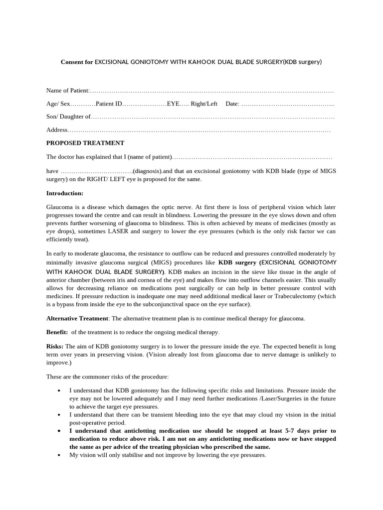 Consent for KDB Goniotomy Surgery | PDF | Glaucoma | Surgery
