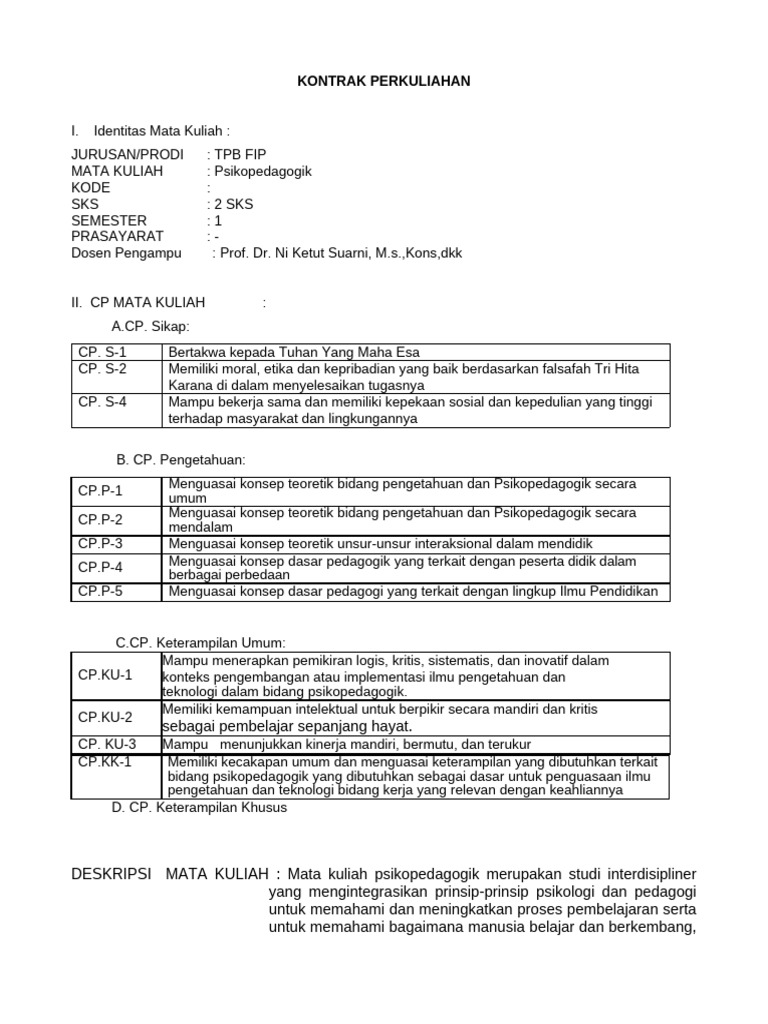 Kontrak Perkuliahn TPB Psikopedagogik | PDF | Educational Psychology ...