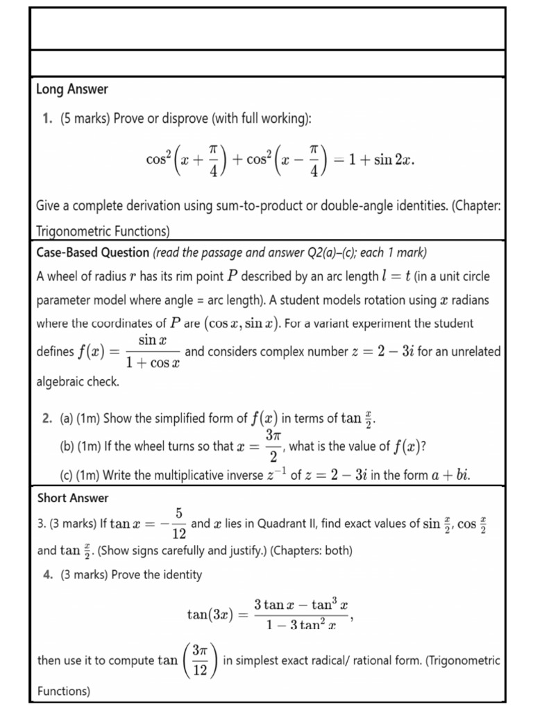 Class 11 Math Exam Sets - Mona School | PDF