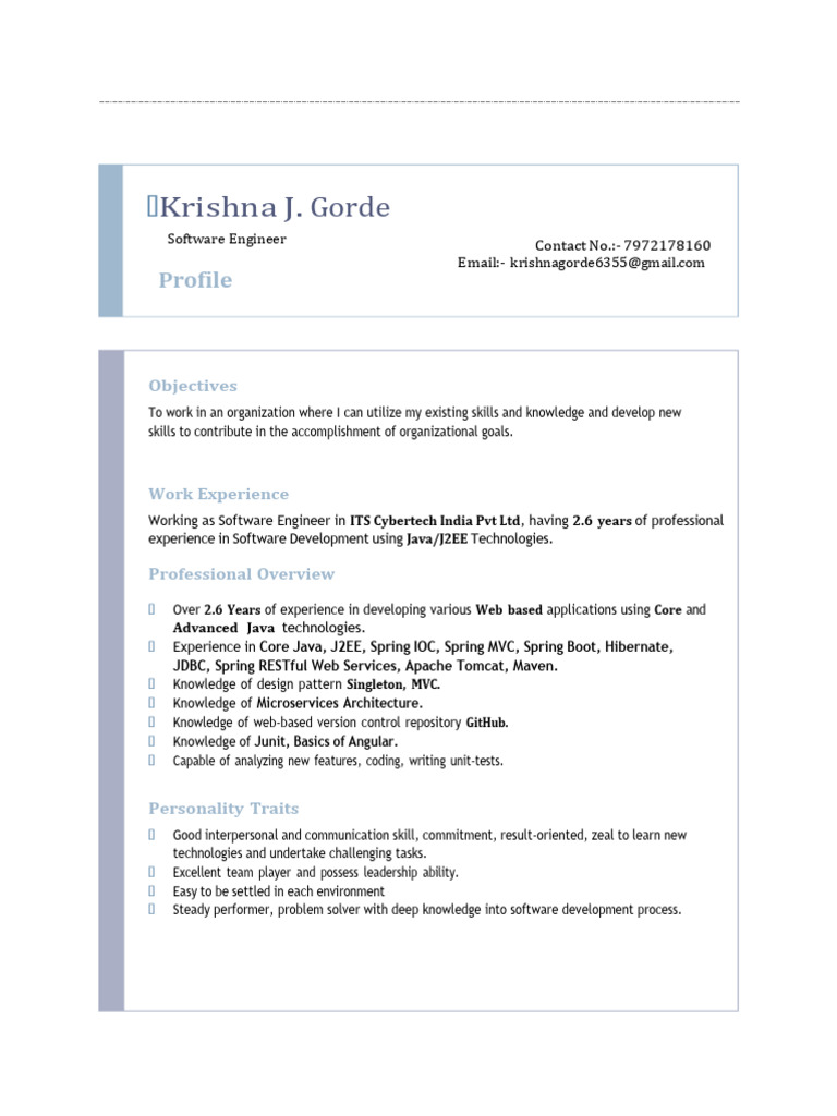 Software Engineer Resume: Krishna Gorde | PDF | Spring Framework | Java ...