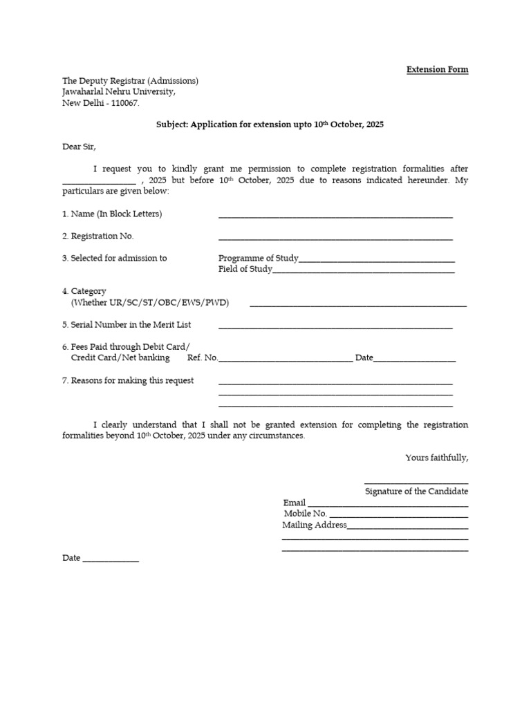 JNU Registration Extension Request Form | PDF