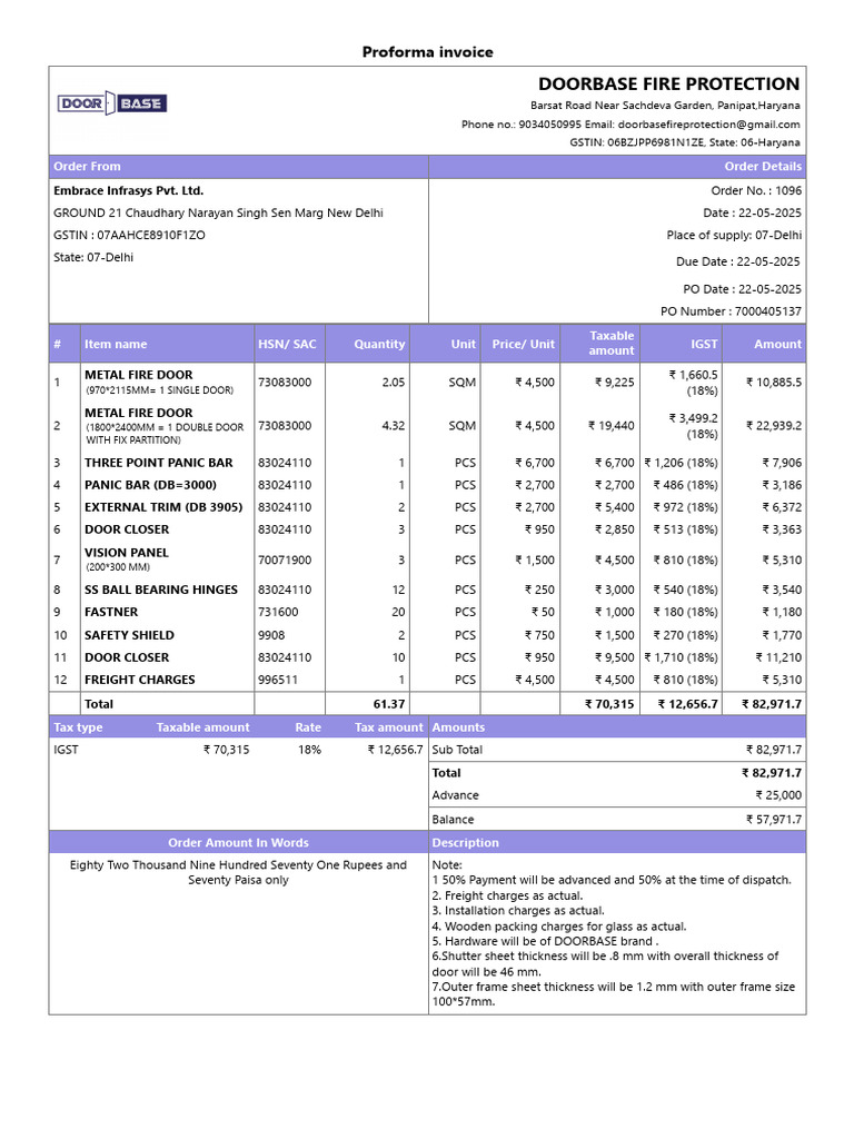 Proforma Invoice for Fire Door Order | PDF | Rupee | Economy Of Asia