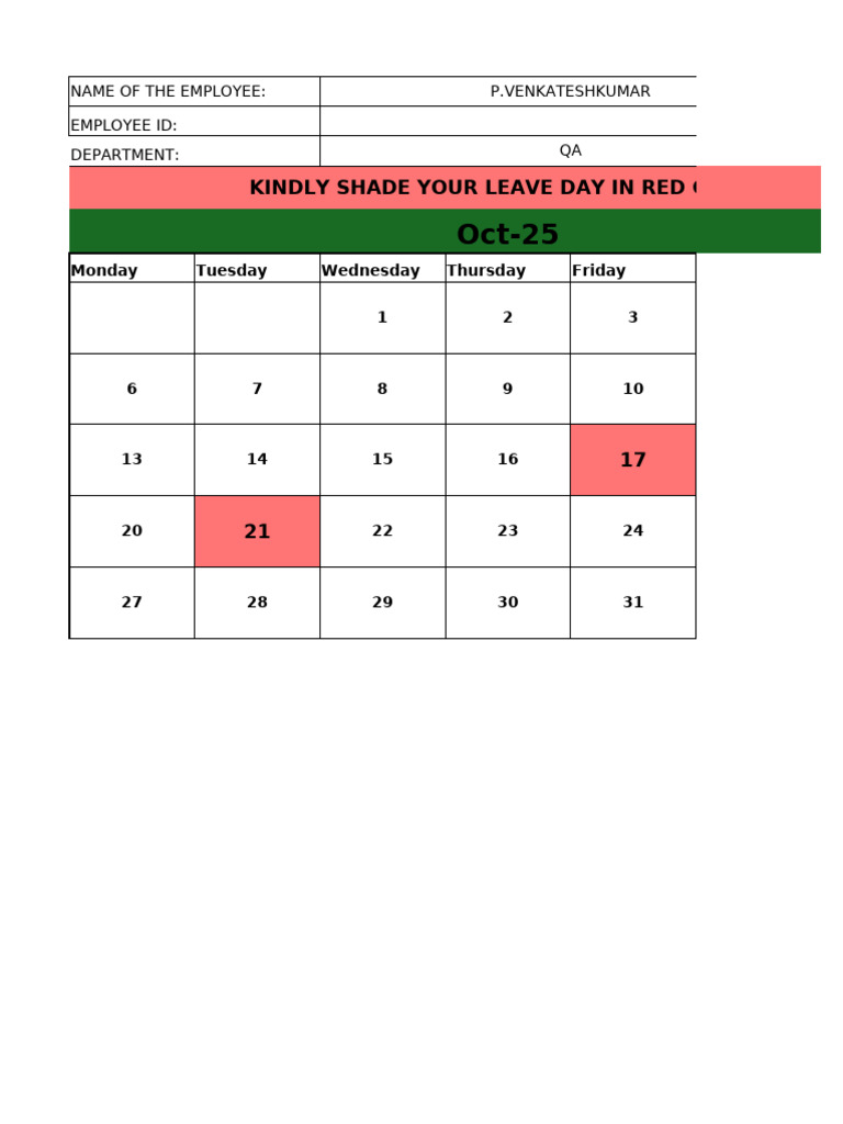 Leave Plan Calendar July 2025 PDF