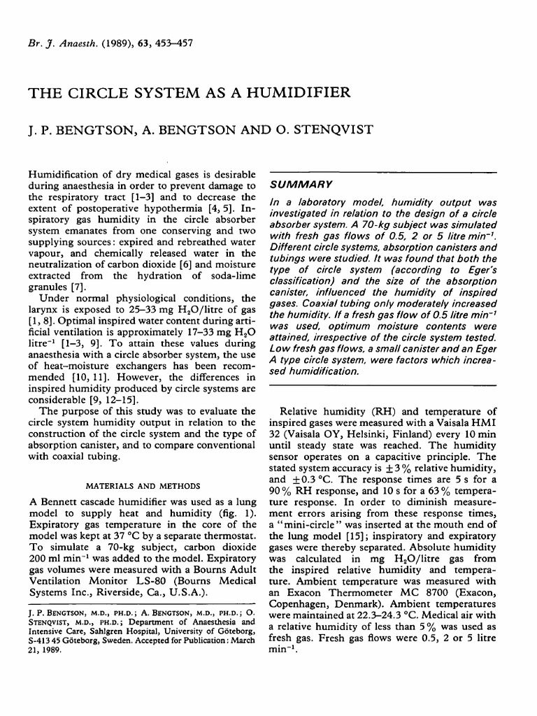 Bengston - Circle System As Humidifier | PDF | Humidity | Gases