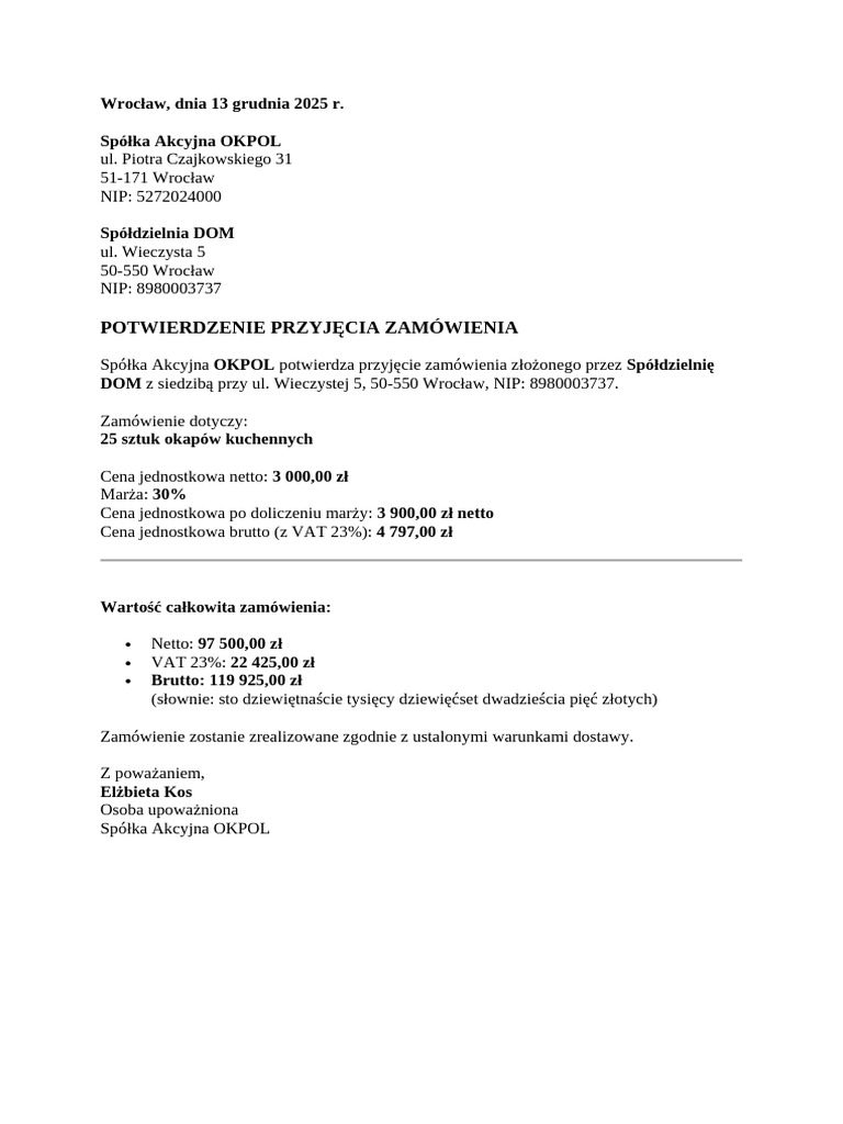 Potwierdzenie Przyj cia Zam wienia PDF