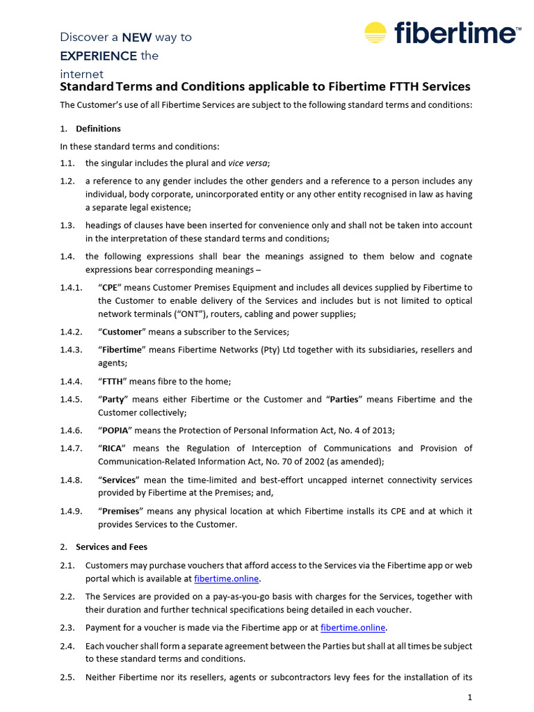 Fibertime FTTH Services Terms & Conditions | PDF | Contractual Term ...