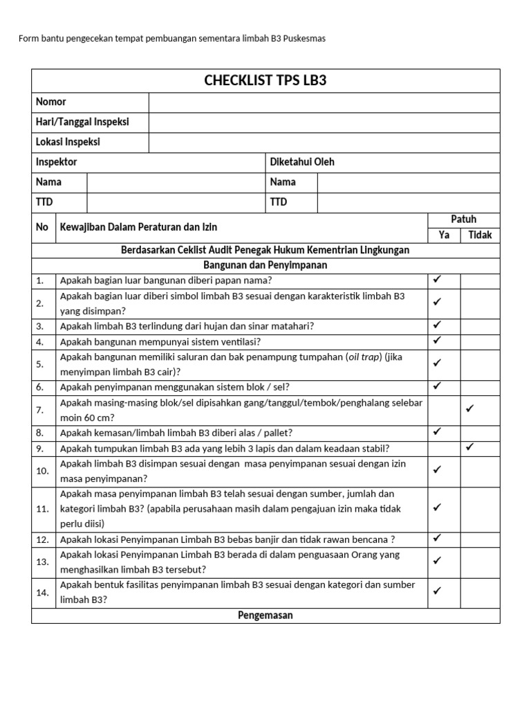 Checklist Pengecekan TPS Limbah B3 Puskesmas | PDF