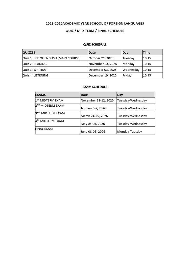 2025-2026 Foreign Languages Exam Schedule | PDF