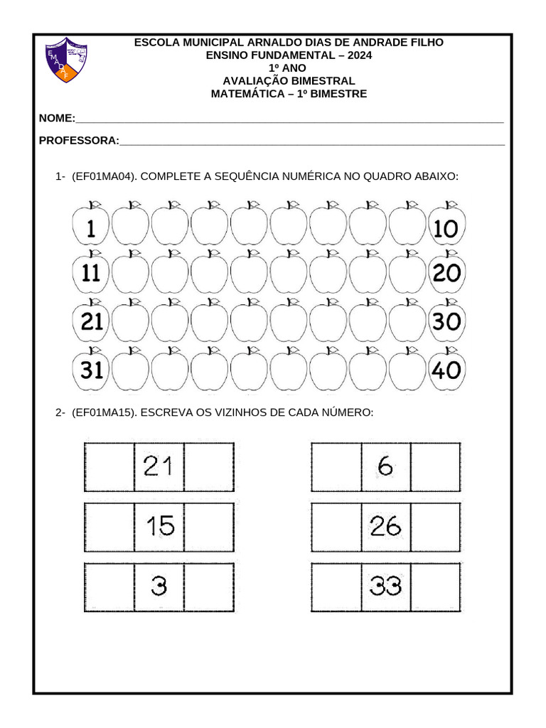 Avaliação de Matemática 1º Ano 2024 | PDF