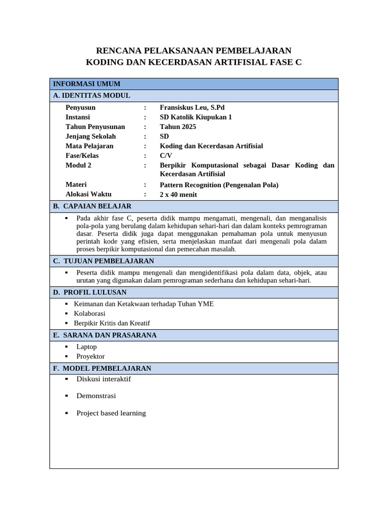 RPP Koding dan Pengenalan Pola SD | PDF