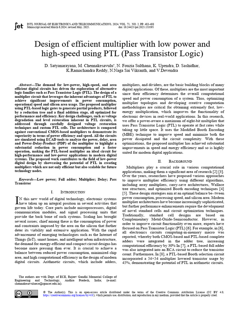 Efficient Low-Power Multiplier Using PTL | PDF | Logic Gate | Cmos