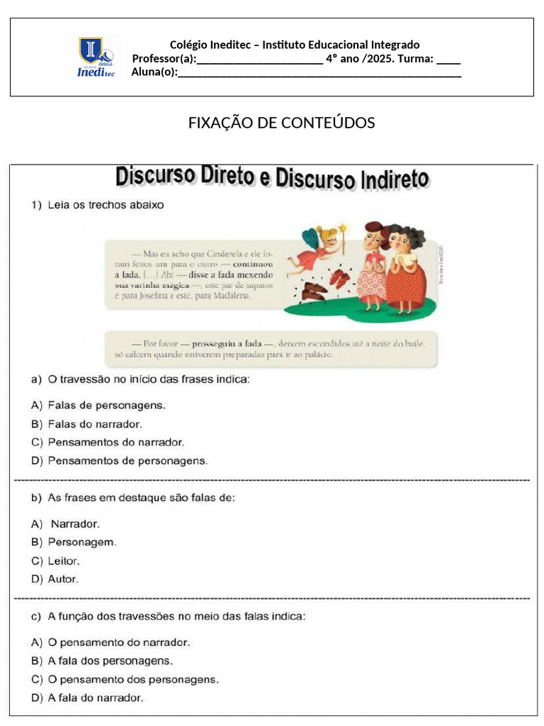 Discurso Direto e Indireto Atividade | PDF