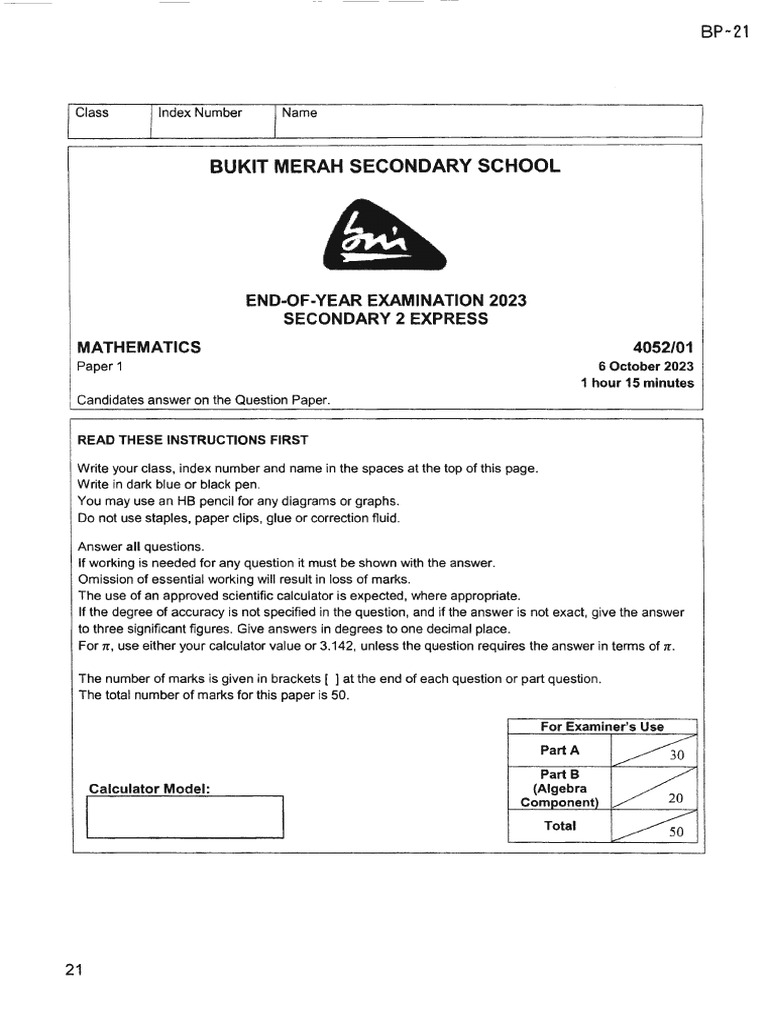 Sec 2 Math End-Year Exam 2023 | PDF | Mathematics