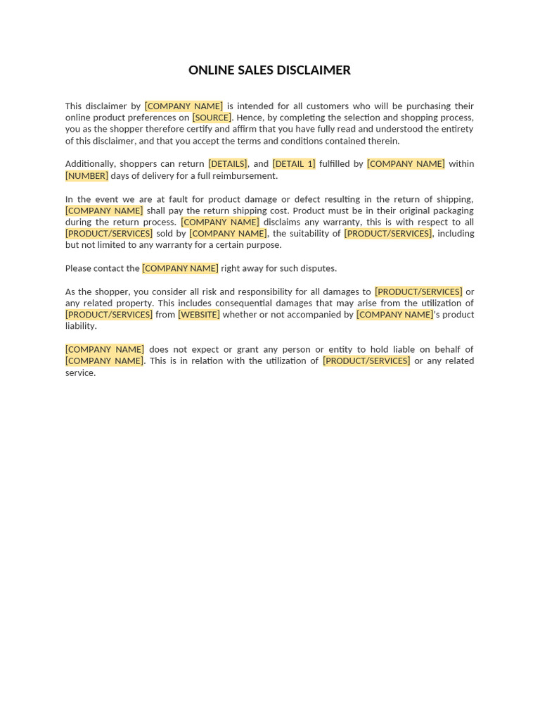 Online Sales Disclaimer | PDF