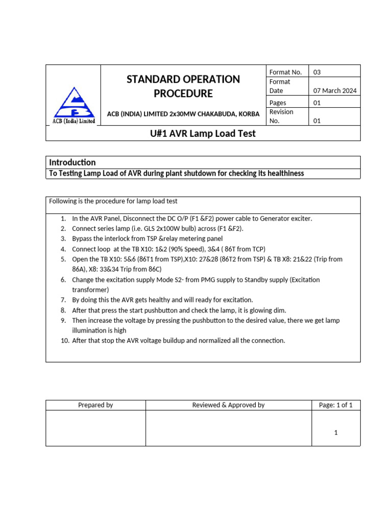 AVR Lamp Load Testing Procedure | PDF | Power Engineering ...