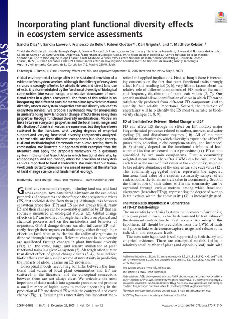Plant Functional Diversity and Ecosystem Services | PDF | Ecosystem | Soil