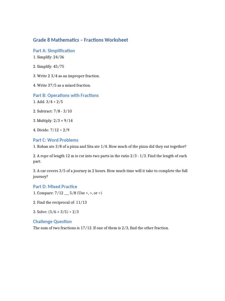 Grade 8 Fractions Worksheet | PDF