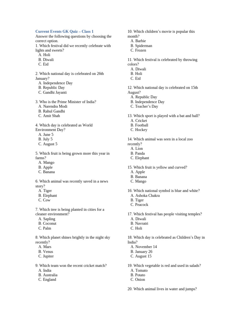 Current Events GK Quiz for Kids | PDF