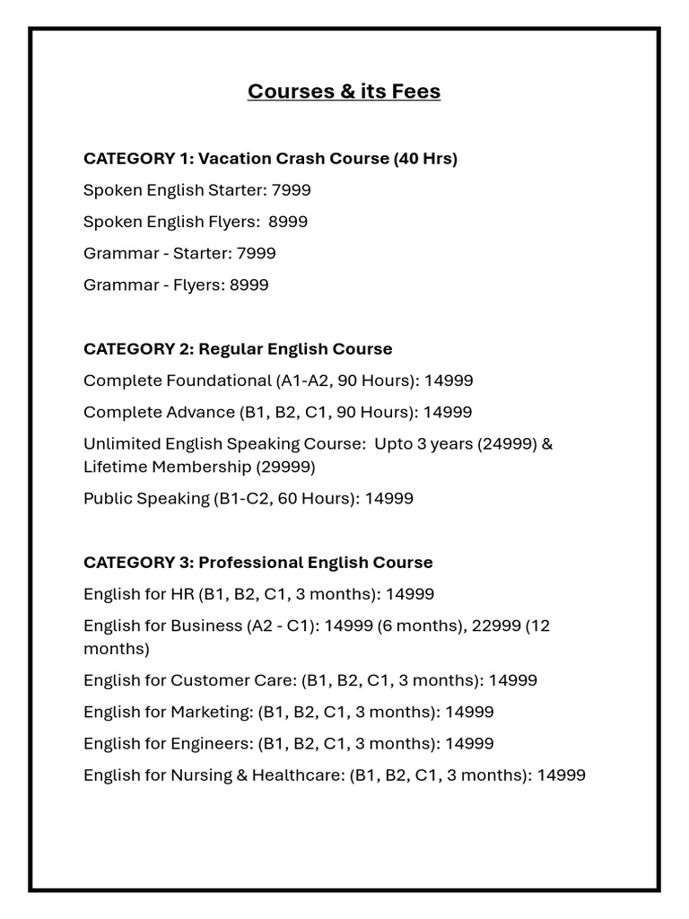 English Courses and Fees Overview | PDF