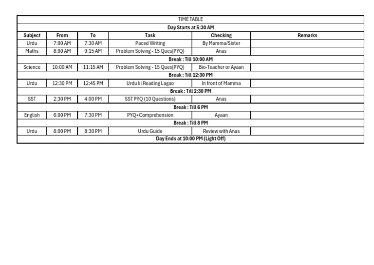 Daily Study Schedule with Breaks | PDF