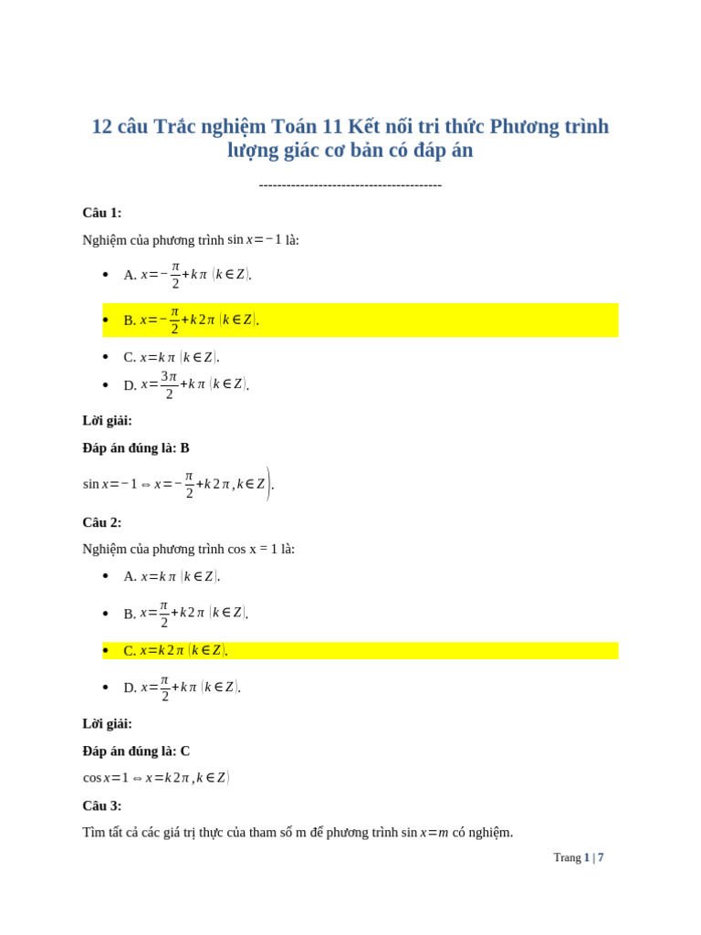 De Toan 12 Cau - PTLG - Dap An | PDF