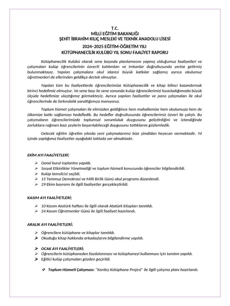 2023-2024 Kütüphanecilik Kulübü Sene Sonu Faaliyet Raporu | PDF