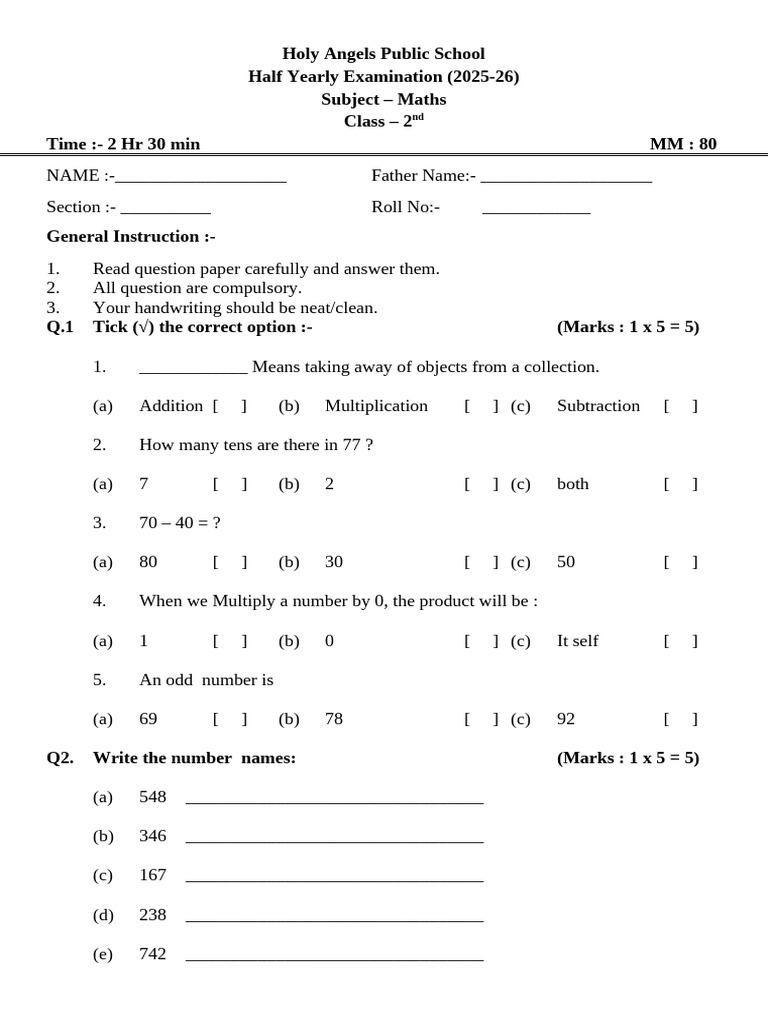 Maths Exam Paper for Class 2 | PDF | Arithmetic | Mathematics