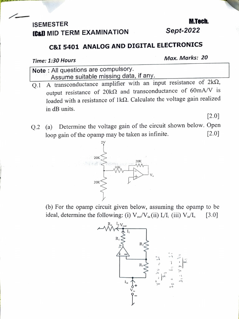 M.Tech Analog & Digital Electronics Exam Guide | PDF | Amplifier ...