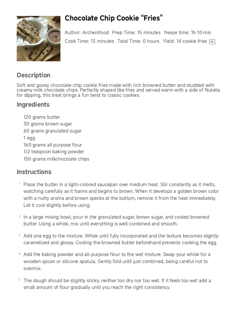Chocolate Chip Cookie Fries Recipe | PDF | Baking | French Fries