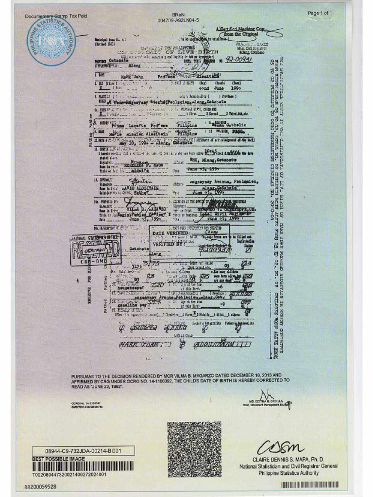 ALOSITAIN, Mark John Pedroso - Birth Certificate PSA Copy | PDF