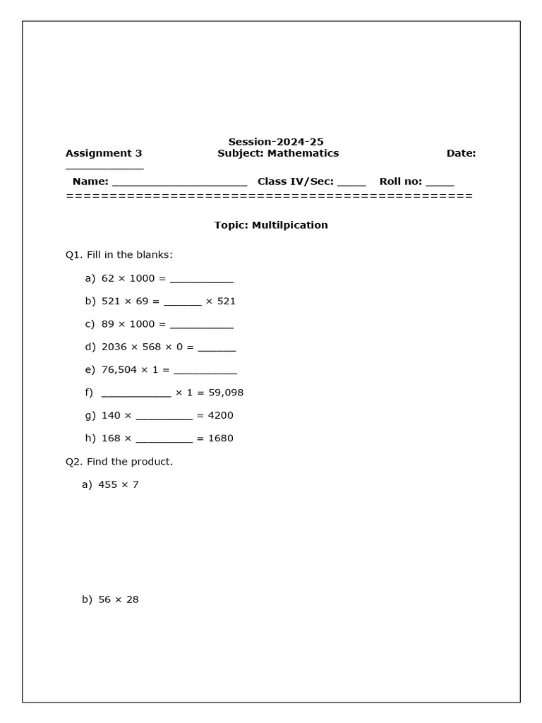 Maths Ass. 3 Multilpication | PDF