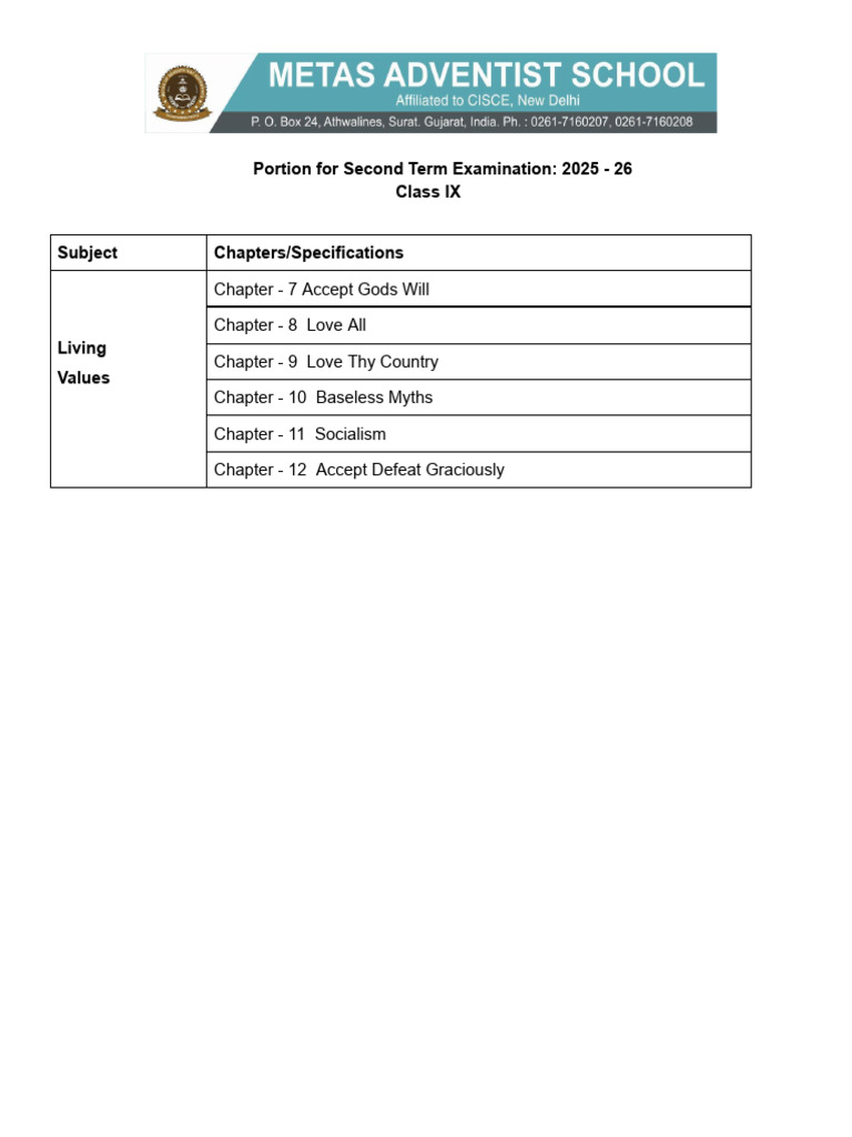 Class IX Second Term Exam Portions 2025-26 | PDF | Chemistry | Chemical ...