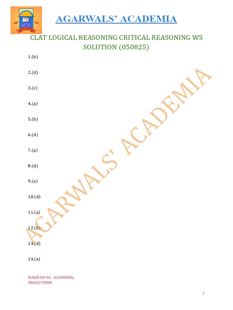 Clat Logical Reasoning Critical Reasoning Ws Solution | PDF