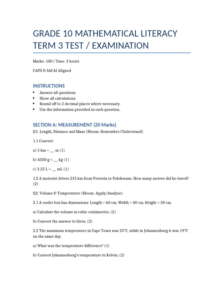 Grade 10 Math Literacy Term 3 Exam Guide | PDF | Volume | Area