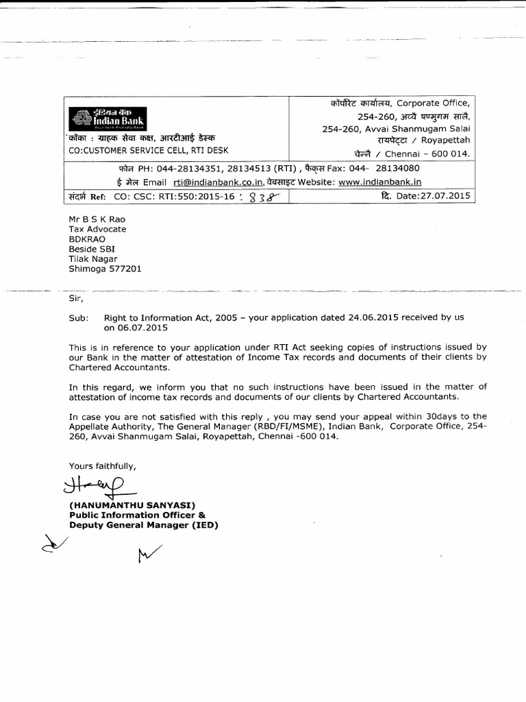 Indian Bank RTI Response on Tax Records | PDF