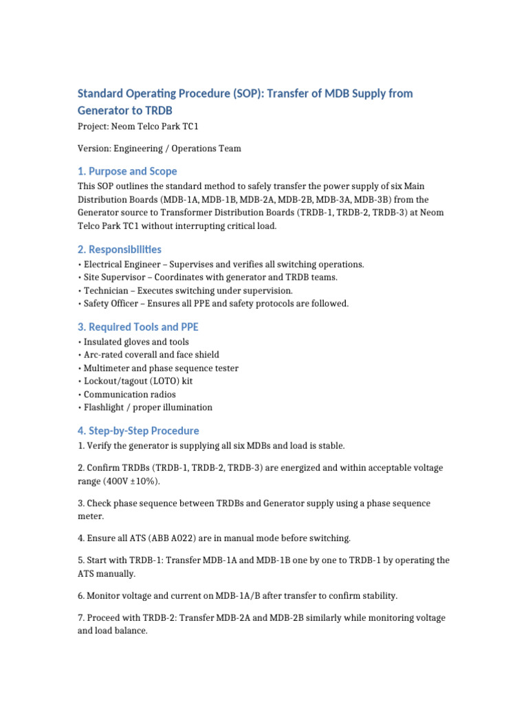 MDB Supply Transfer SOP for Neom TC1 | PDF | Electric Generator ...