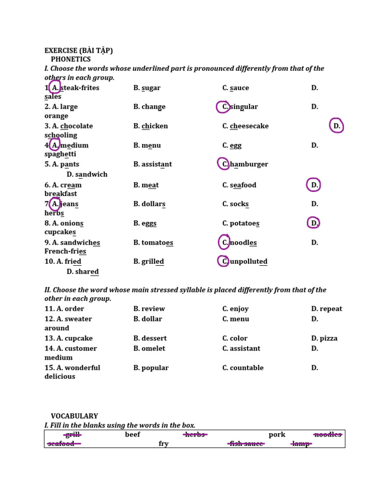 Phonetics and Vocabulary Exercises | PDF | Vietnamese Cuisine | Cuisine