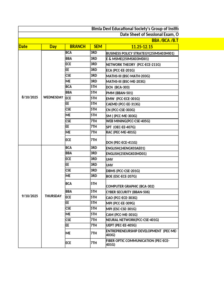 Sessional Datesheet Oct 2025 | PDF