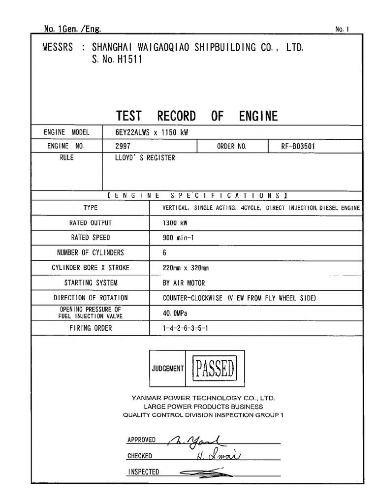 b2-6 Test Record of Engine | PDF