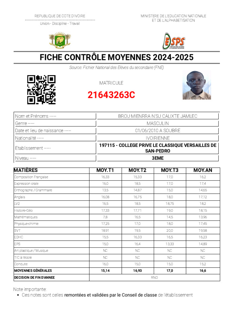 Fiche de Contrôle des Moyennes 2024-2025 | PDF