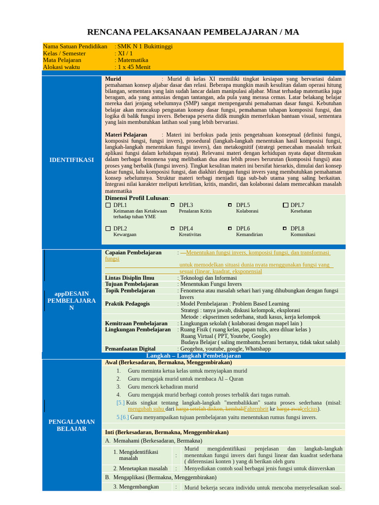RPP Matematika: Fungsi Invers XI SMK | PDF
