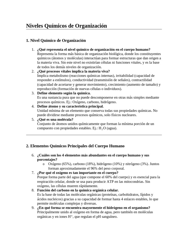 Niveles Químicos en el Cuerpo Humano | PDF | Química | Proteínas