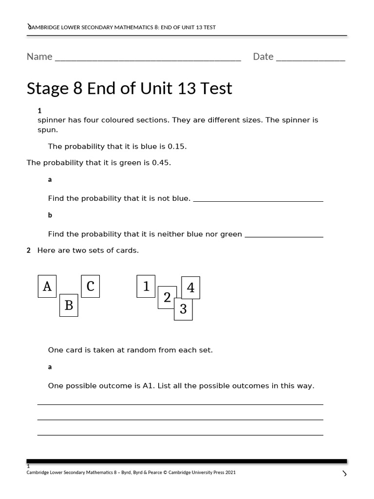 Stage 8 End of Unit 13 Test | PDF | Probability | Mathematics