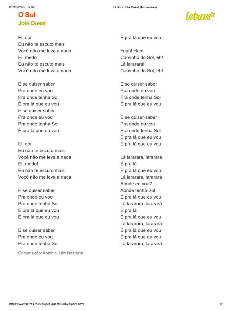 O Sol - Jota Quest (Impressão) | PDF