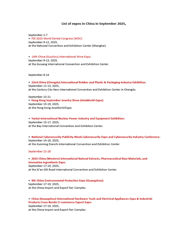 September 2025 Expos in China | PDF | China | World Politics