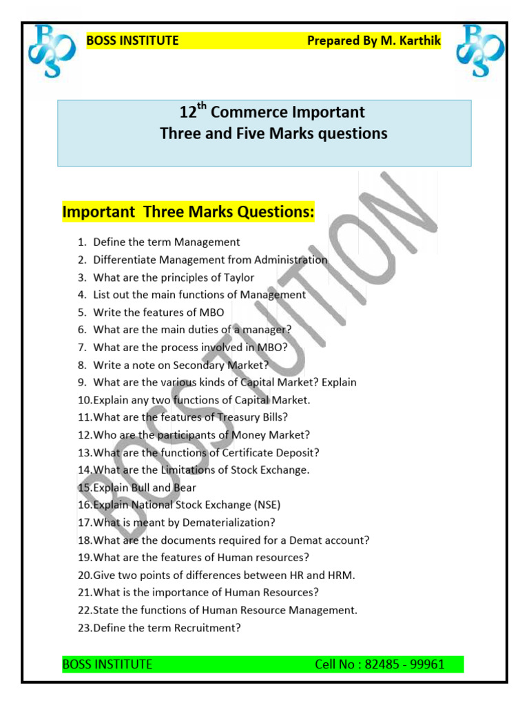 12th Commerce Key Questions Guide | PDF | Marketing | Human Resource ...