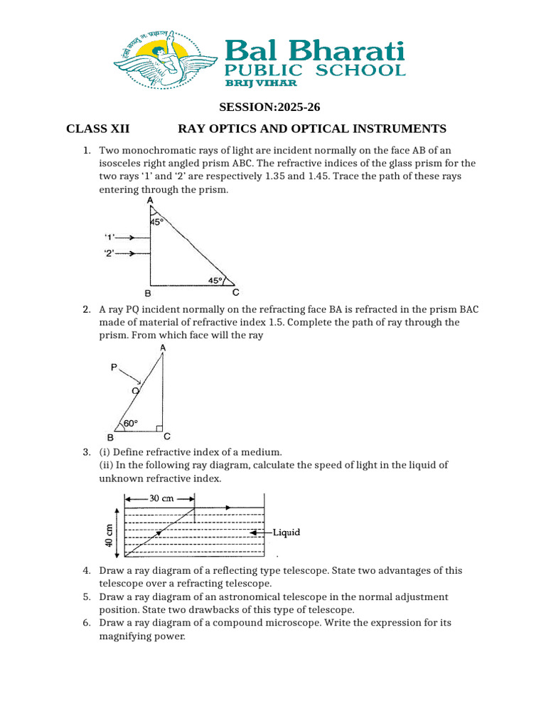 Assignment On Ray Optics and Optical Instruments | PDF | Refractive ...