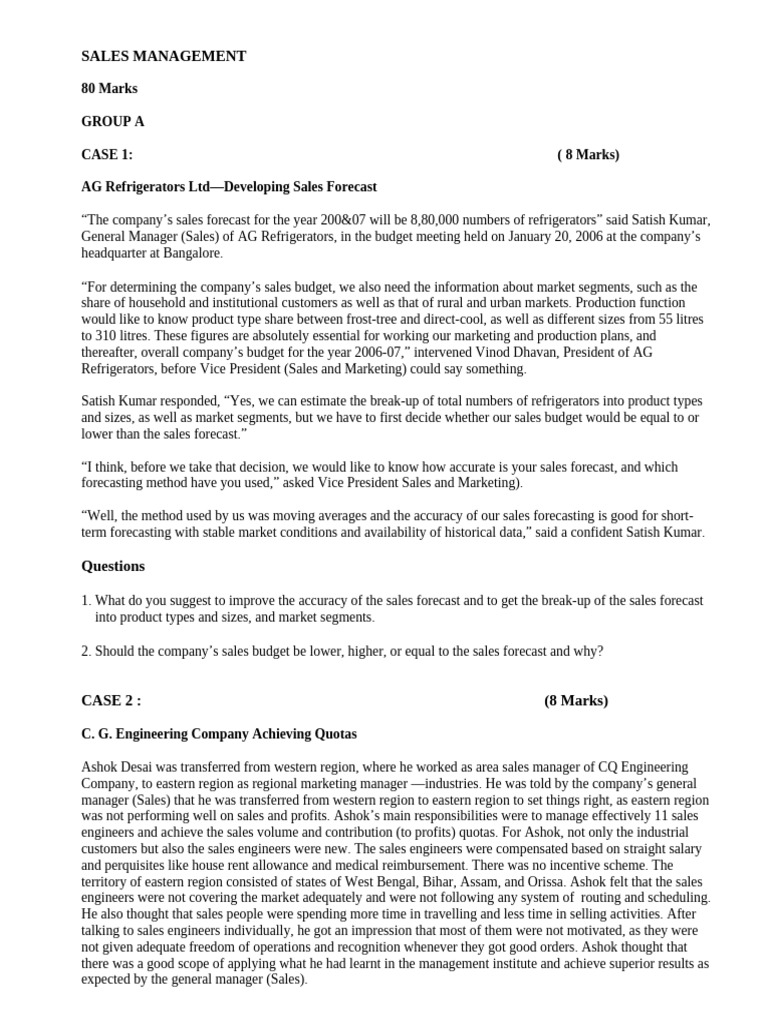 Sales Management Case Studies Analysis | PDF | Forecasting | Sales