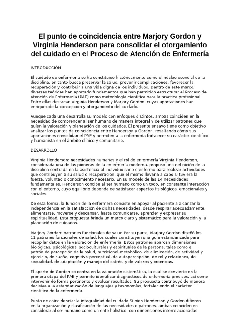 Ensayo Gordon Henderson | PDF | Enfermería | Ciencias del comportamiento