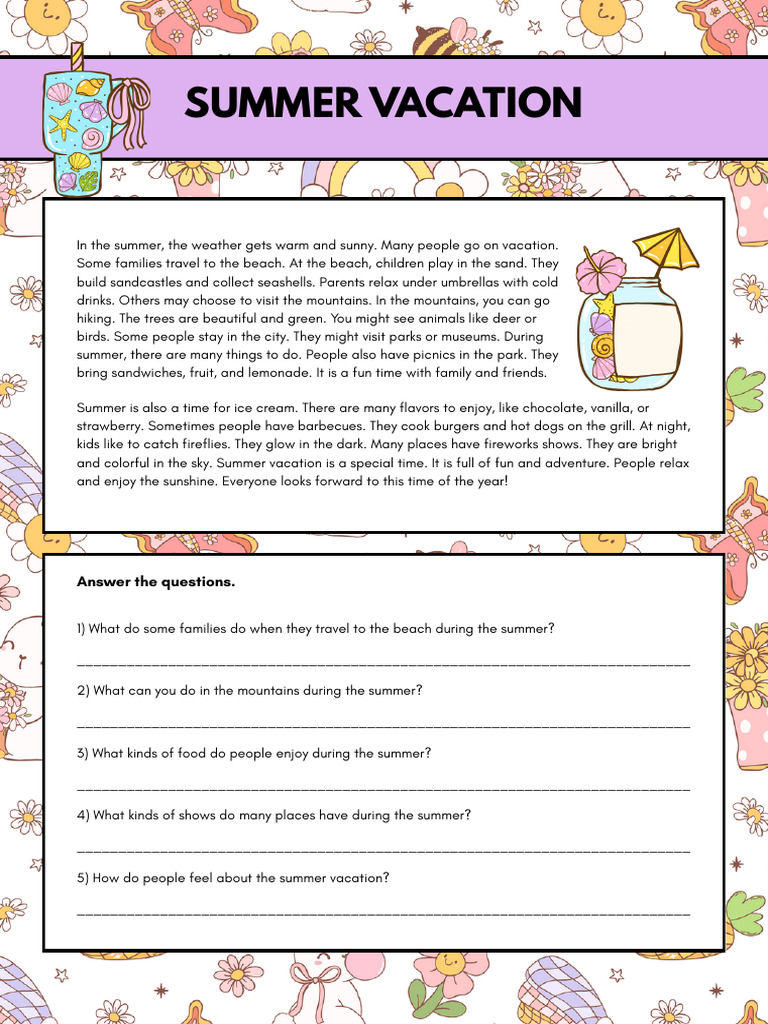 Summer Vacation Reading Comprehension | PDF